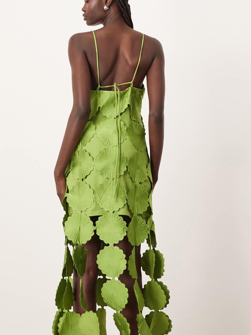 ARRANGE cutwork floral midi dress with fringe hem in olive green - Picture 3 of 6